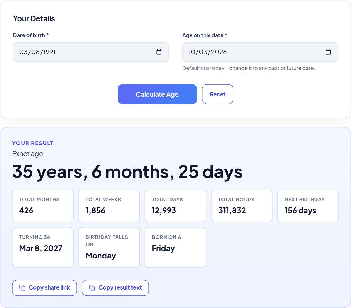 Screenshot of the Momentix age calculator showing an exact age of 35 years, 6 months, 25 days for a birth date of 8 March 1991 on 3 October 2026