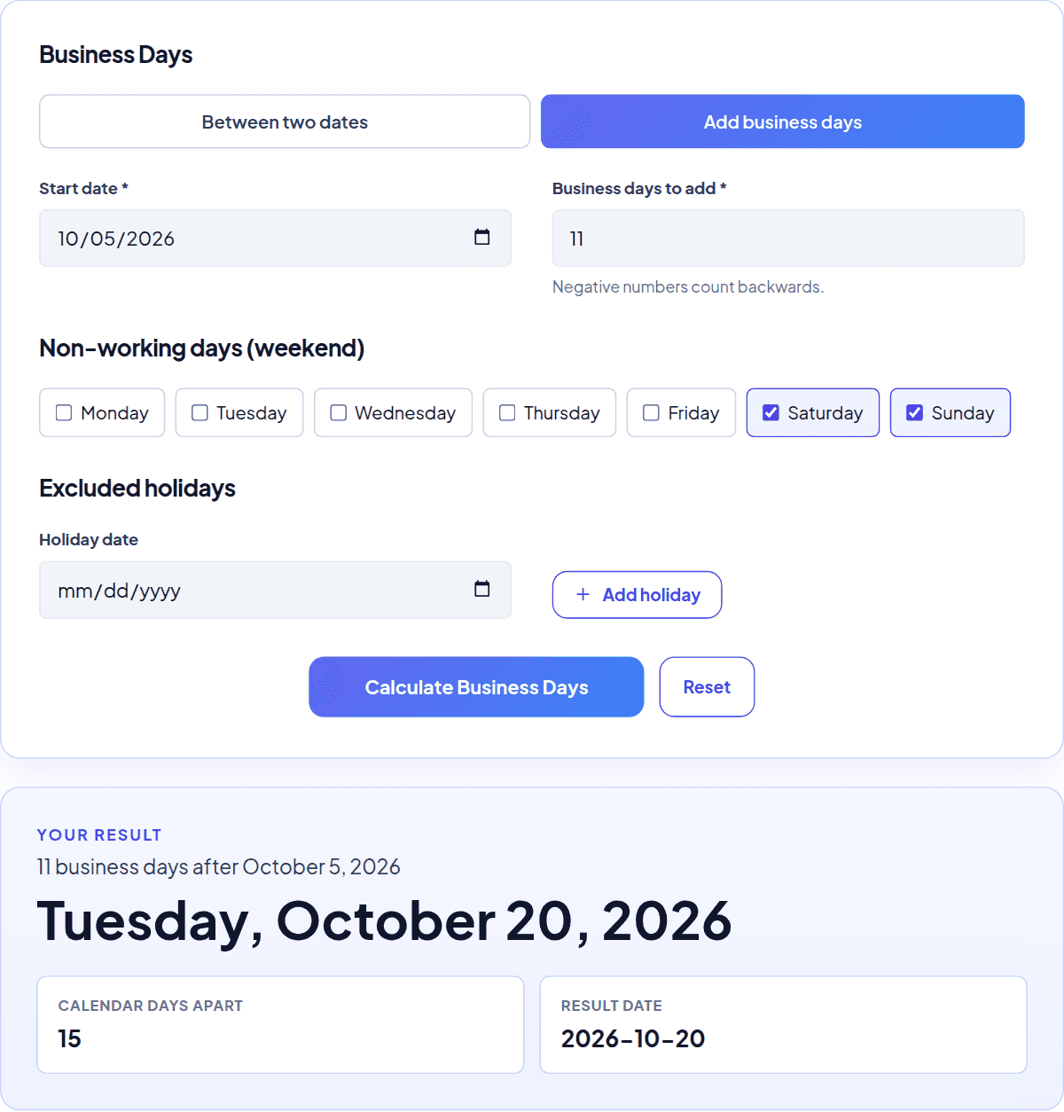 Screenshot of the Momentix business days calculator showing that 11 business days after 5 October 2026 is Tuesday, October 20, 2026, 15 calendar days apart